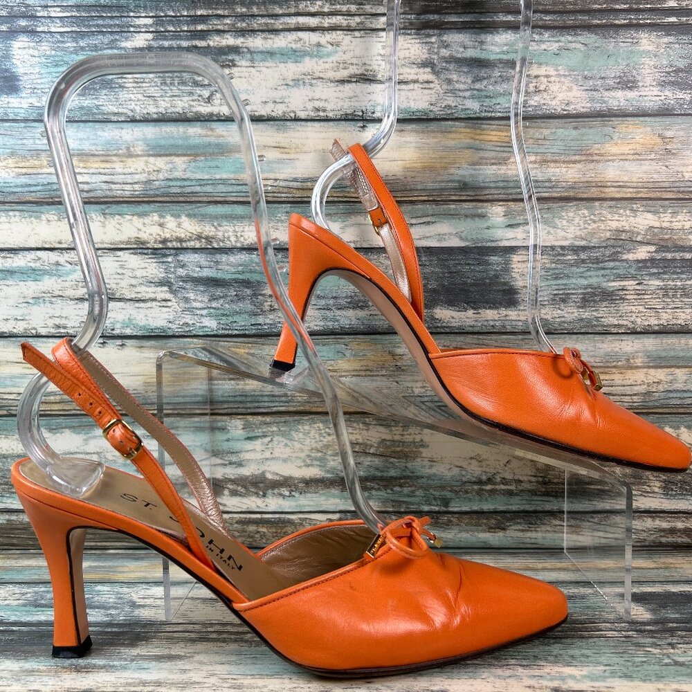 St John Slingback Pumps Womens 6.5B Orange Leather Dress Shoe Work Formal Heels - Picture 1 of 13
